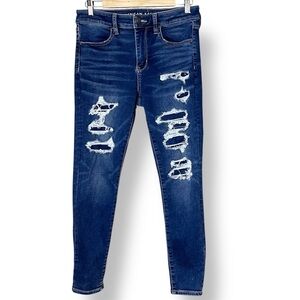 American‎ Eagle High Rise Jegging 8 SHORT petite dark wash distressed patched